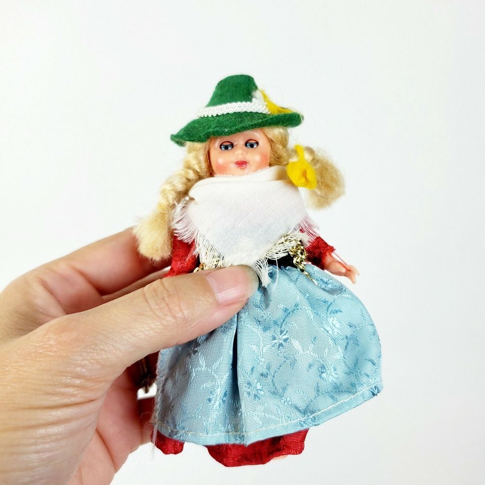 Vintage German Austrian Doll‎ 5" Blonde Braids Sleepy Eyes Green Hat Collectible